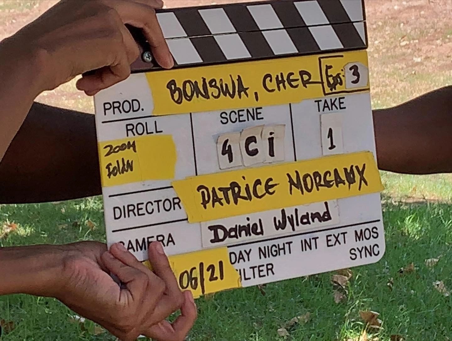 Bonswa Cher film clapperboard on set